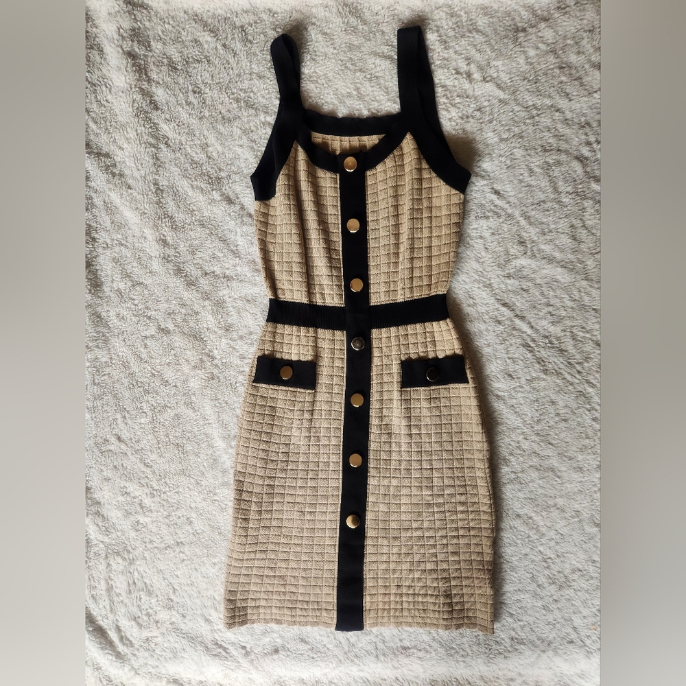 SHEIN Tan and Black Button-Front Mini Dress